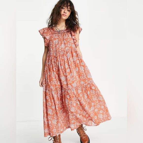 Free People Dresses & Skirts - Free People Bonita Printed Midi Dress Orange Size Large